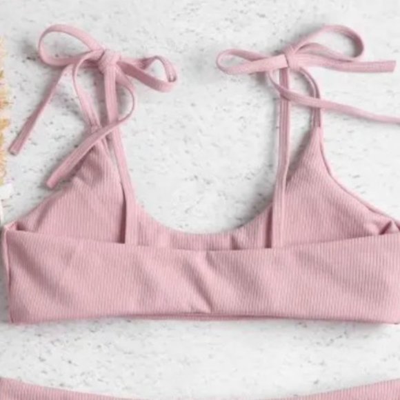 ZAFUL Light Pink Tie Shoulders Ribbed Bikini - Picture 3 of 7